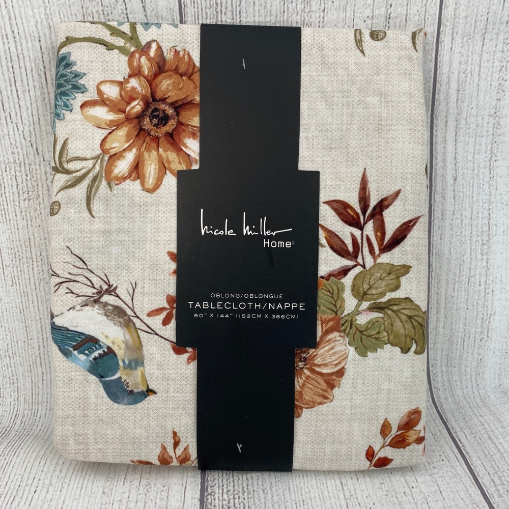 Nicole Miller Tablecloth 60x144 Cream Floral Bird Oblong Autumn Fall Harvest
